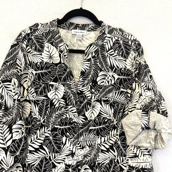 Calvin Klein Roll Tab Linen Blend Button Up Shirt Women's Size 2X Black Tropical - Picture 3 of 14